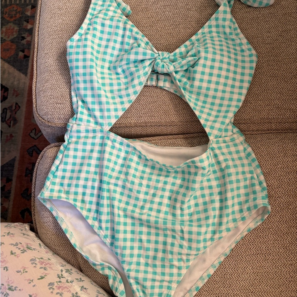 Arizona Jean Company Aqua Gingham One-Piece Swimsuit with Front Tie